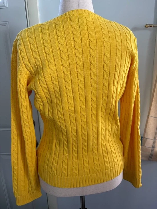 Lauren Ralph Lauren Cotton Bright Yellow V-neck Cable Knit Sweater - Picture 5 of 12